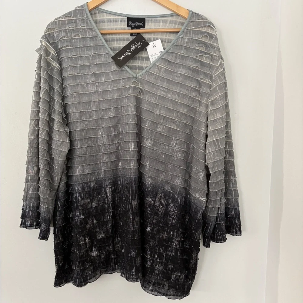 MAGGIE BARNES 3X NWT Silver Metallic Black V Neck Top 3/4 Sleeve Pleated Ruffle - Picture 5 of 15